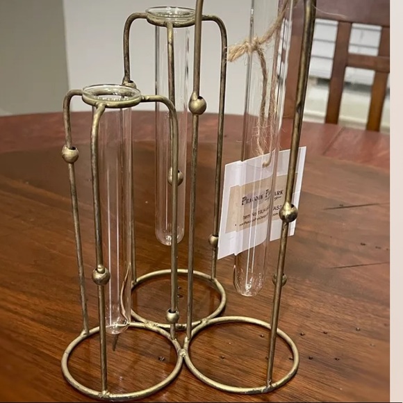 Gold Metal Hinged 3 Glass Test Tubes Vase Set. - Picture 12 of 13